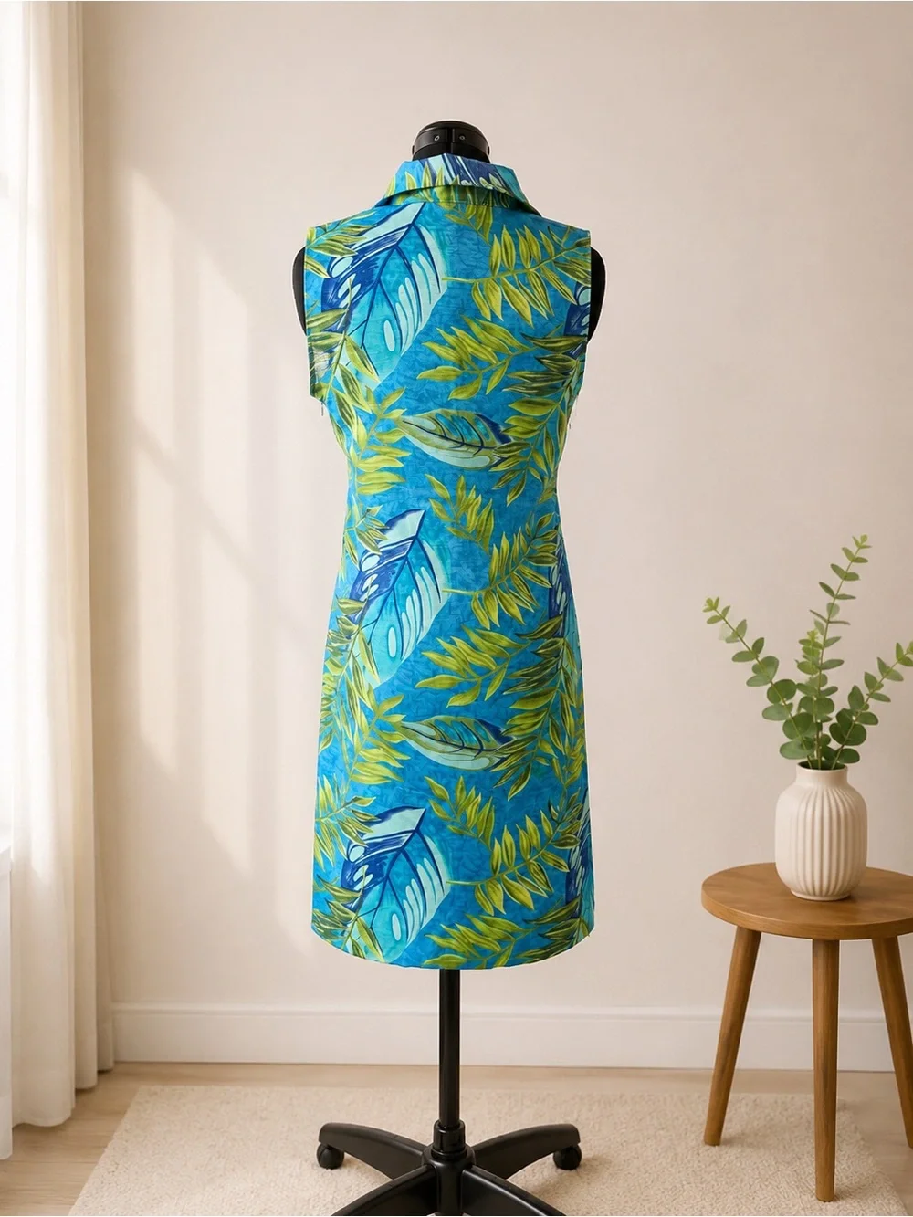 Selene Sport Blue Tropical Leaf Sleeveless Shift Dress Size S